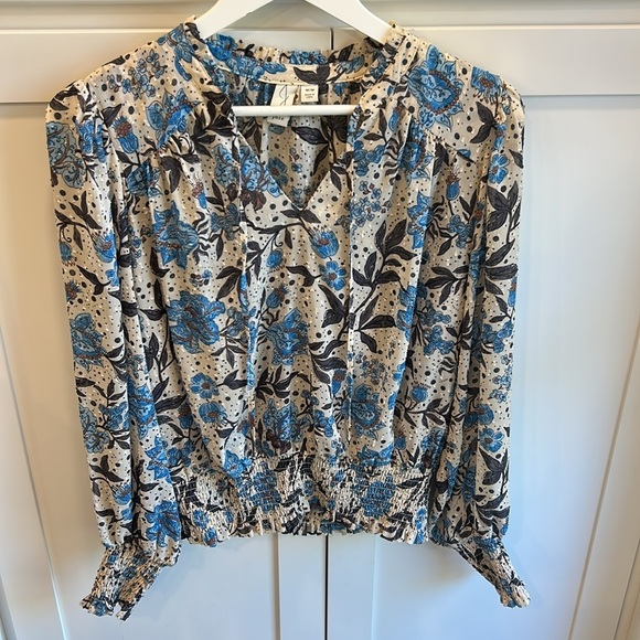 Joie Jaipur Floral Long Sleeve Smocked Waist & Cuffs Clip Dot Peasant Top - Picture 15 of 16